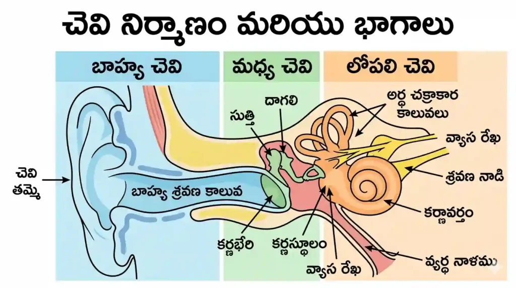 మానవ చెవి నిర్మాణం మరియు భాగాలు - Human Ear Structure in Telugu