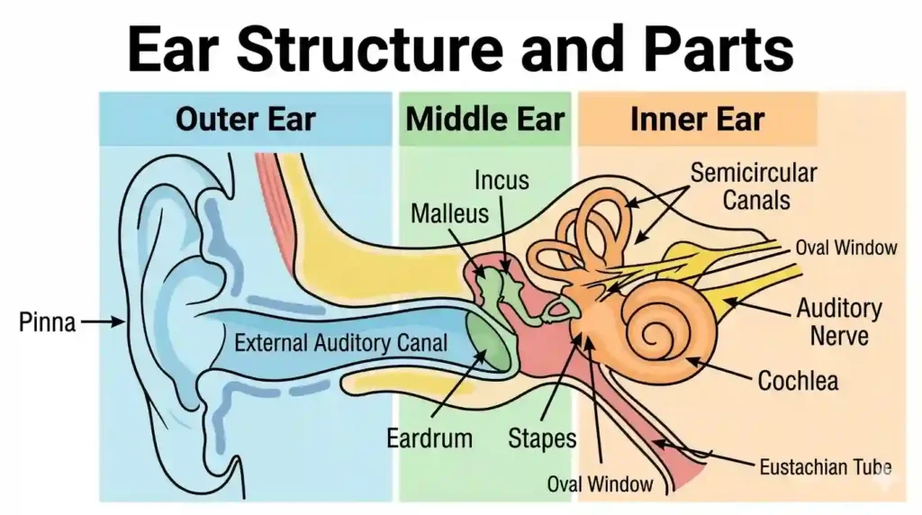 Sensory Organs in English | Cross-section diagram of the human ear, illustrating the outer, middle, and inner ear components like tympanic membrane, ossicles, and cochlea.