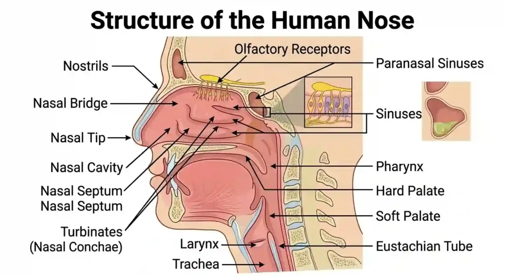Diagram of the human nasal cavity showing nasal conchae, olfactory epithelium, and sinus cavities.