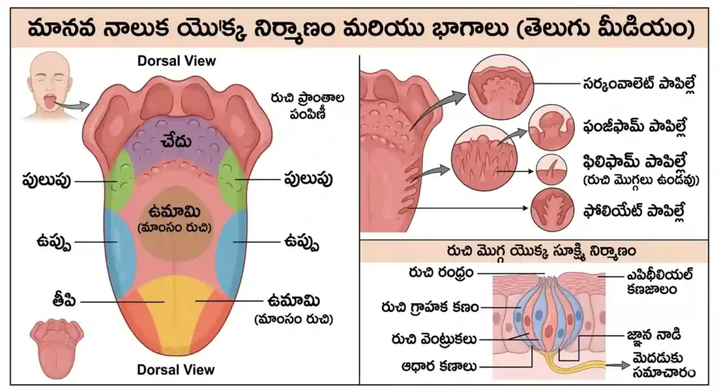 మానవ నాలుక రుచి మొగ్గలు మరియు భాగాలు - Human Tongue Structure in Telugu