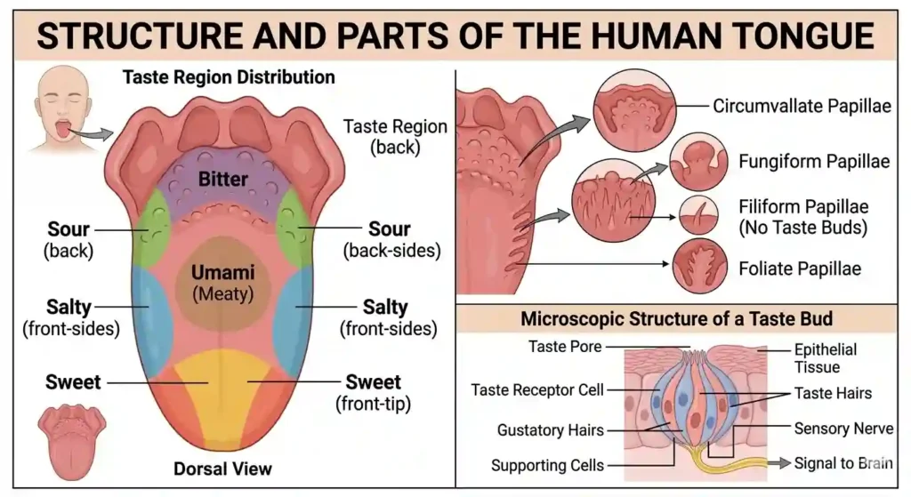 Diagram of the human tongue indicating the locations of different taste receptors (taste buds) for sweet, sour, salty, bitter, and umami tastes.