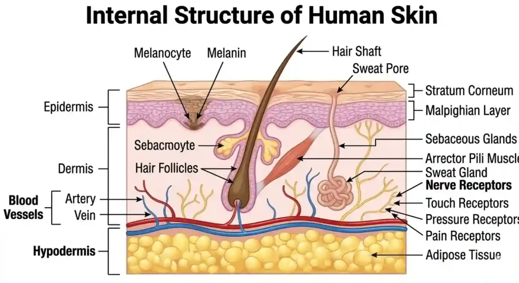Diagram illustrating the cross-section of human skin, showing the three main layers: epidermis, dermis, and hypodermis, with sweat glands and hair follicles.