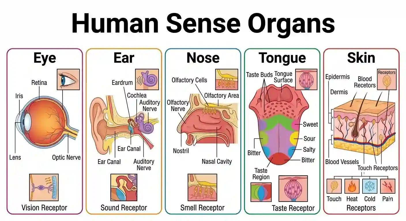 Sensory Organs in English | Infographic diagram of the 5 human sensory organs: Eye, Ear, Nose, Tongue, and Skin for biology notes.