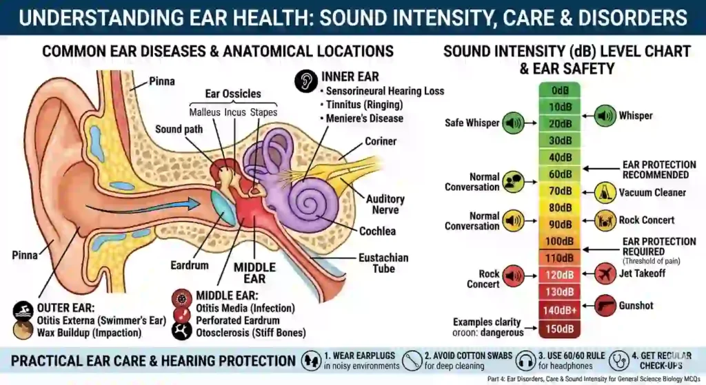 Ear Disorders, Care and Intensity of Sound MCQs | Human Ear Anatomy Part 4