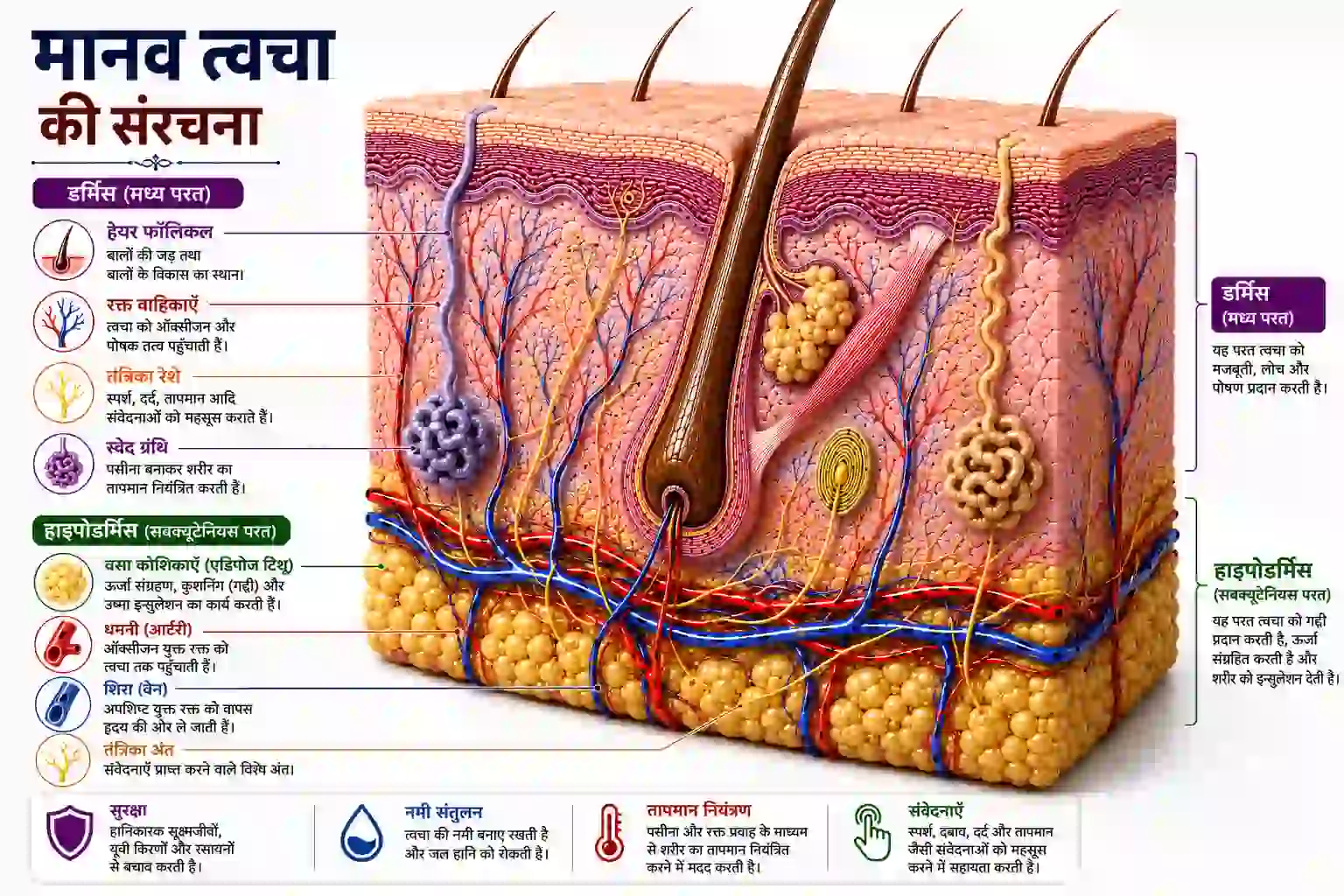 डर्मिस और हाइपोडर्मिस परतें | human skin structure mcq hindi part 2