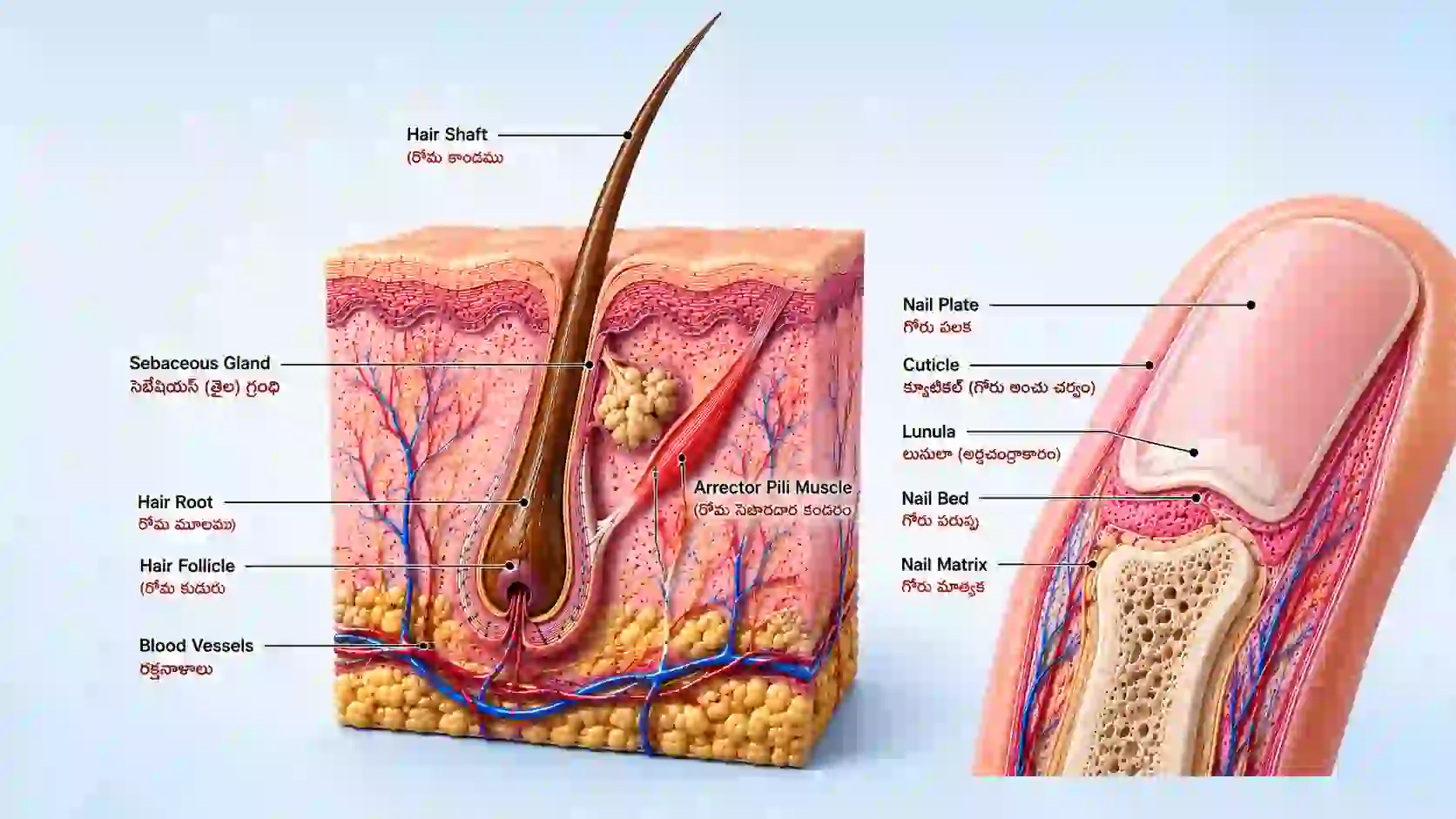 మానవ చర్మ ఉపాంగాలు రోమాలు మరియు గోర్లు | human skin structure mcq telugu part 3